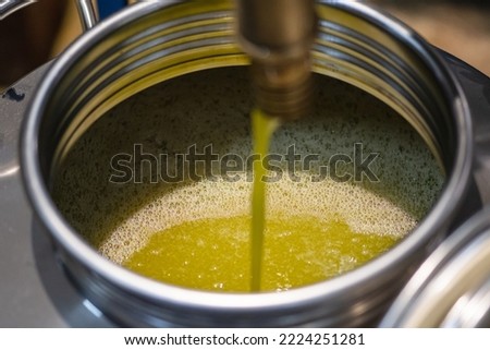 Fresh extra virgin olive oil pouring into tank at a cold-press factory after the olive season harvesting Royalty-Free Stock Photo #2224251281