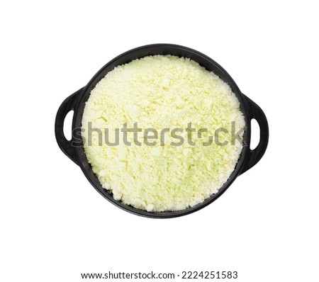 Grey pan with mung bean flour isolated on white, top view