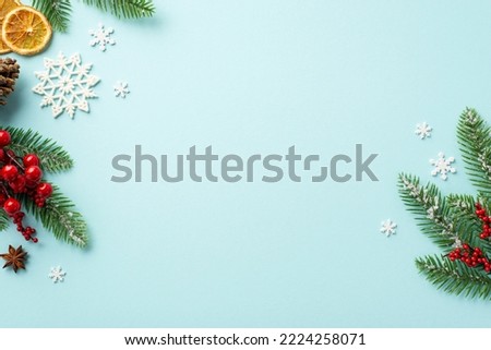 Christmas concept. Top view photo of spruce branches in frost mistletoe berries dried orange slices pine cone anise and snowflakes on isolated light blue background with copyspace
