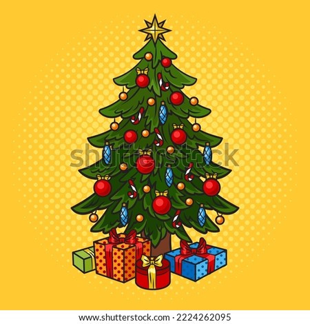 Christmas tree with gifts pinup pop art retro vector illustration. Comic book style imitation.
