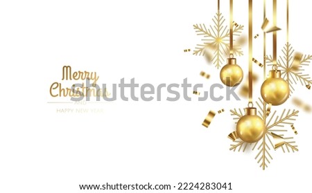 Happy New Year and Merry Christmas. Background with realistic holiday ball. White and gold christmas balls,shiny confetti and gold snowflake
