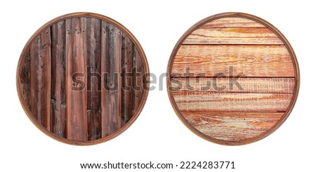 Wooden frame. Two empty round frames with a creative wooden insert isolated on a white background. Blank frame. Signage mockup. Old frame. Notice Board