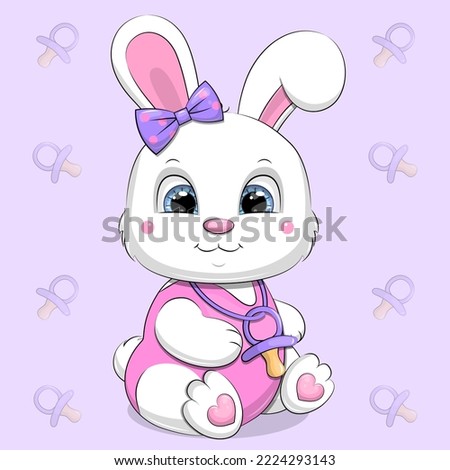 Cute cartoon white rabbit with purple bow and baby dummy. Vector illustration of an animal on a purple background with pacifiers.