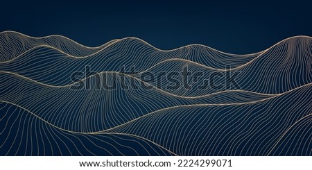 Vector abstract luxury golden wallpaper, wavy line art background. Line design for interior design, textile patterns, textures, posters, package, wrappers, gifts etc. Japanese style mountains