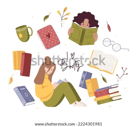 I love books lettering and objects set. Aesthetics of learning. Cartoon girl character study, school child reading open paper story book from library, cute little students love literature. Isolated 