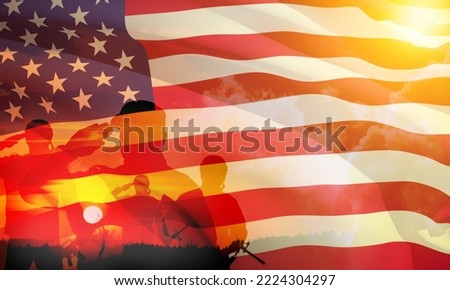 USA army soldier saluting with nation flag on a background of sunset or sunrise. Greeting card for Veterans Day, Memorial Day, Independence Day. America celebration.