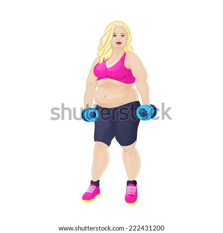 Fat overweight sport woman hold dumbbells over white background, vector illustration