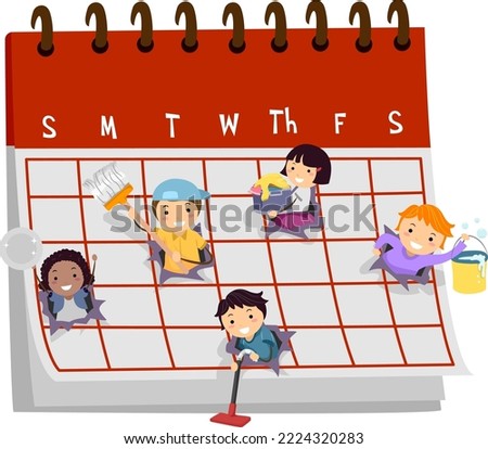 Illustration of Stickman Kids Holding Clean Plate, Broom, Vacuum Cleaner, Box of Clothes, and Bucket with Soap Bubble on a Calendar