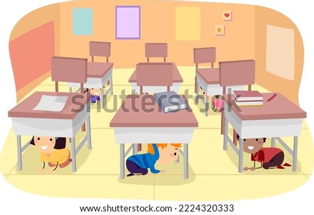 Illustration of Kids Under the Table Practicing Earthquake Drill Inside the Classroom