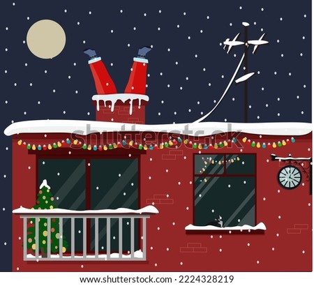 Santa Claus climbs the chimney, a winter night cityscape. Christmas and New Year. Vector illustration.