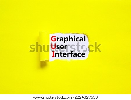 GUI graphical user interface symbol. Concept words GUI graphical user interface on white paper on a beautiful yellow background. Business and GUI graphical user interface concept. Copy space.