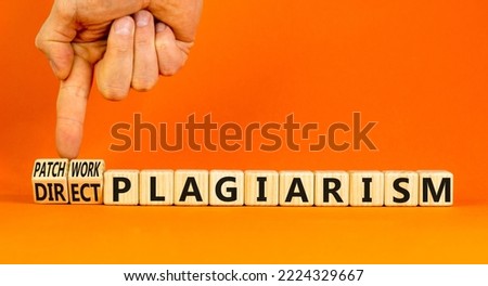 Direct or patchwork plagiarism symbol. Concept words Direct plagiarism Patchwork plagiarism on cubes. Businessman hand. Beautiful orange background. Direct or patchwork plagiarism concept. Copy space. Royalty-Free Stock Photo #2224329667