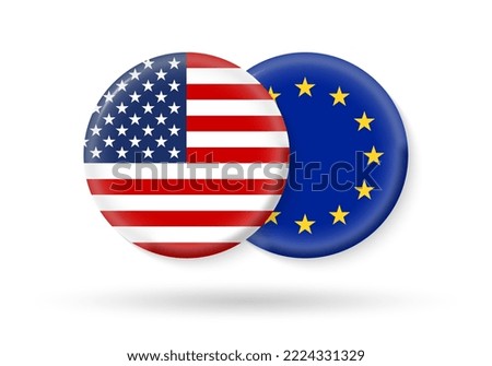 USA and EU circle flags. 3d icon. European Union and American national symbols. Vector illustration.