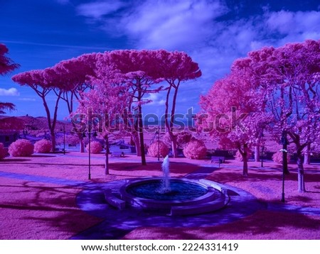 Infrared photography with inversion of the red and blue color channels, panorama of the main square of Castagneto Carducci Tuscany Italy