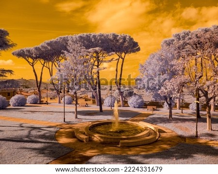 Infrared photography, panorama of the main square of Castagneto Carducci Tuscany Italy