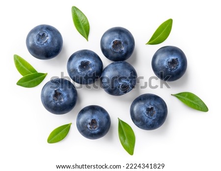 Blueberry isolated. Blueberries top view. Blueberry with leaves flat lay on white background with clipping path. Royalty-Free Stock Photo #2224341829