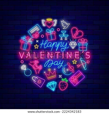 Happy Valentines Day party neon banner. Circle layout with lovely icons. Holiday celebration advertising. Luminous signboard. Heart, diamond and present. Vector stock illustration