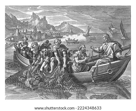 Christ and his apostles aboard a fishing boat. Christ commands the nets to be hauled up. There is so much fish in the nets that the apostles have trouble dragging the net into the boat.