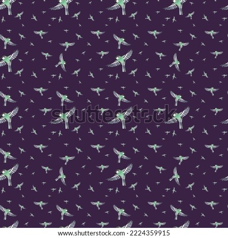 Bird fly green pattern. Watercolor illustration. Hand drawn isolated on violet background. Picture for to use in design, home decor, fabrics, prints, textile, cards, invitations, banner, accessories. 