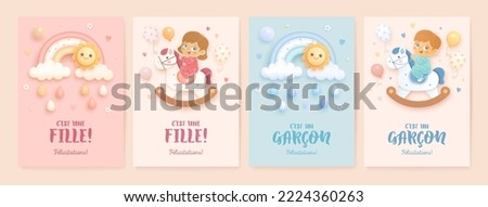 Set of baby shower invitation with cartoon rainbow, cloud, sun, rocking horse and flowers. French lettering. Translation from French It's a girl, it's a boy. Vector illustration