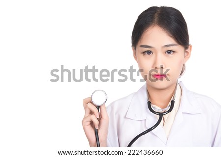 Asian woman of an enthusiastic intern looking at camera,Beautiful young doctor,Macro shoot of medical  for health insurance or hospital,Health worker with a stethoscope.isolated on white background