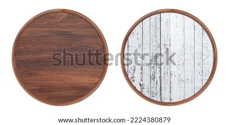 Wooden frame. Two empty round frames with scratched wooden insert isolated on white background. Blank frame. Signage mockup. Old frame. Notice Board