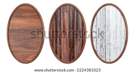 Wooden frame. Three empty oval frames with a creative wooden insert isolated on a white background. Blank frame. Signage mockup. Old frame. Bulletin board