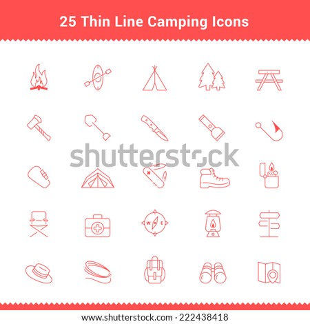 Set of Thin Line Stroke Camping Icons Vector Illustration