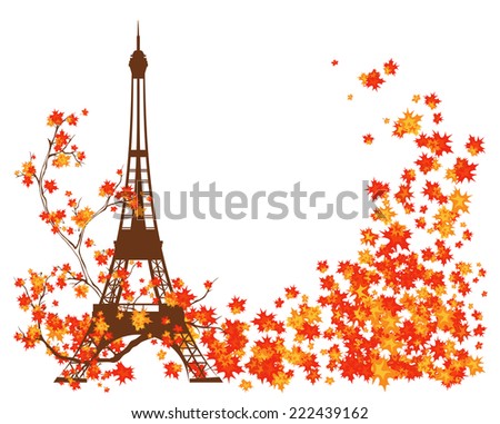 Paris autumn background - eiffel tower among bright fall season leaves with place for your text