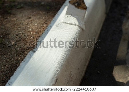 Painting border with white paint. Marking road. Landscaping. Brush and paint.