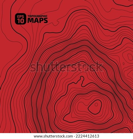 The stylized height of the topographic map contour in lines and contours. Black stroke on red . The concept of a conditional geography scheme and the terrain path. 1x1 Size. Vector illustration.