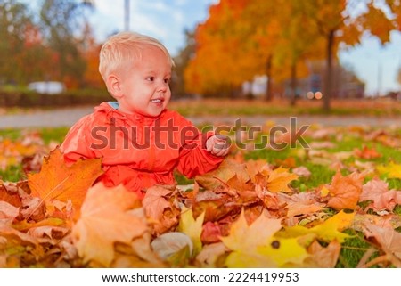 a boy in an orange jacket sits in autumn leafing against the background of yellow autumn trees and smiles.
