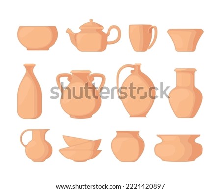 Clay vases. Ceramic ancient pottery kitchenware, earthenware cup pot vessel kettle jar pitcher utensil decorative cookware assortment flat style. Vector set of vase clay pottery illustration Royalty-Free Stock Photo #2224420897