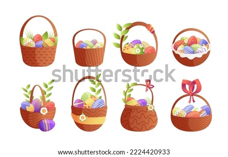 Easter eggs baskets. Cartoon childish tray with straw ribbons for holiday egghunting decoration, colorful religious symbols for greeting card. Vector set of easter basket to holiday illustration Royalty-Free Stock Photo #2224420933