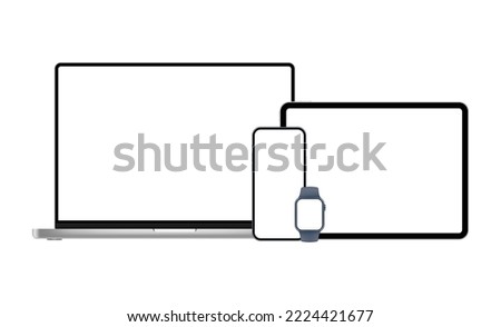 Set of Modern Devices. Laptop, Horizontal Tablet, Smartphone and Smart Watch. Vector Illustration