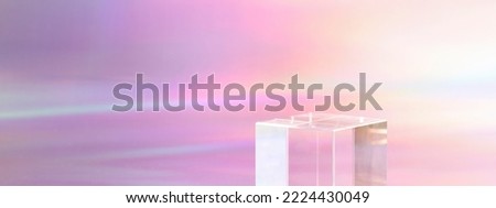 transparent podium for product display on holographic, neon background. pedestal, stage for product. copy space. selective focus banner