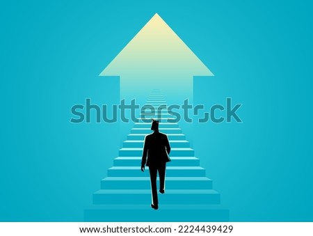 Business concept illustration of a man walking on a stairway leading up to up arrow Royalty-Free Stock Photo #2224439429