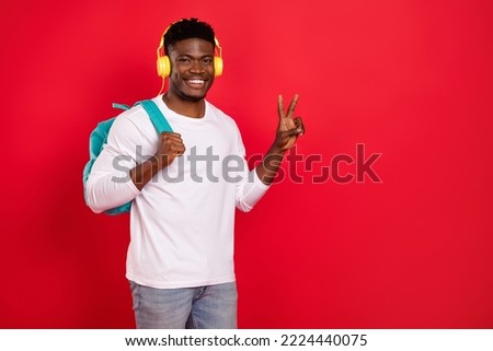 Photo of attractive guy visit lecture make v-sign wear white long sleeve shirt isolated bright color background