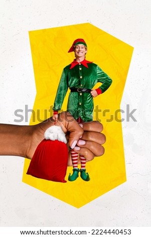 Vertical creative collage photo of children's hand hold funny smiling little elf leprechaun statuette isolated on white color background