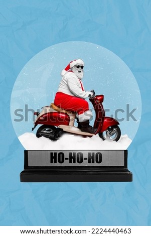 Vertical creative collage of positive carefree optimistic santa on scooter in glass christmas toy isolated on blue color background
