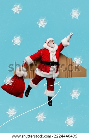 Creative photo 3d collage artwork poster postcard of crazy old grandfather hurry deliver presents children isolated on painting background