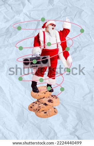 Creative 3d photo artwork graphics painting of funky smiling x-mas grandfather standing cookies enjoying boom box isolated drawing background