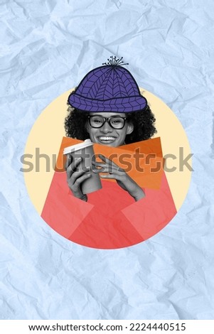 Photo cartoon comics sketch picture of smiling happy lady wrapping scarf enjoying xmas cacao isolated drawing background