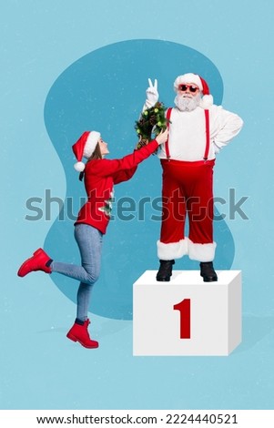 Creative photo 3d collage artwork poster postcard of funky girl reward santa clause win competition v-sign isolated on painting background