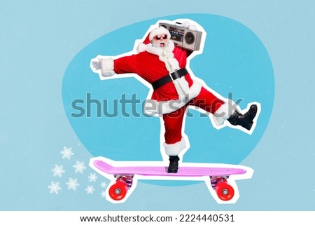Creative photo 3d collage artwork poster postcard of crazy old man wear santa claus costume have fun relax isolated on painting background