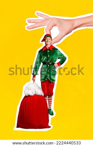 Creative photo 3d collage artwork poster postcard picture of big human arm hold positive santa claus helper isolated on painting background