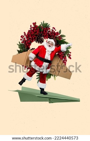 Photo artwork minimal picture of excited smiling x-mas grandfather hurry deliver gifts flying carton wings isolated drawing background