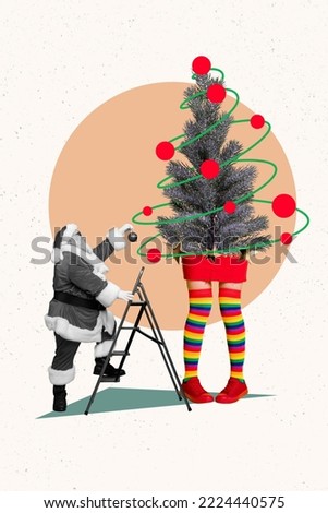 Photo cartoon comics sketch picture of funny smiling grandfather decorating xmas tree isolated drawing background