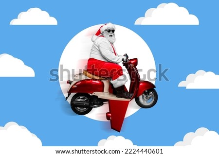 Creative collage photo illustration of excited impressed funny santa fly on scooter in cloudy sky isolated on blue color background