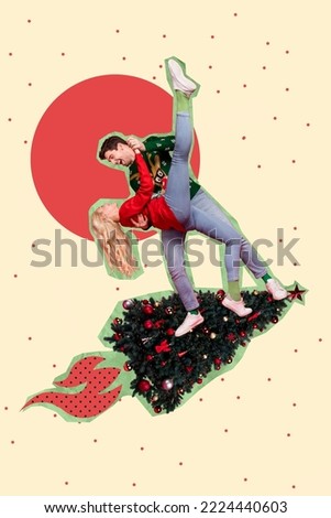 Creative retro 3d magazine image of smiling funny lady guy dancing flying xmas tree isolated painting background